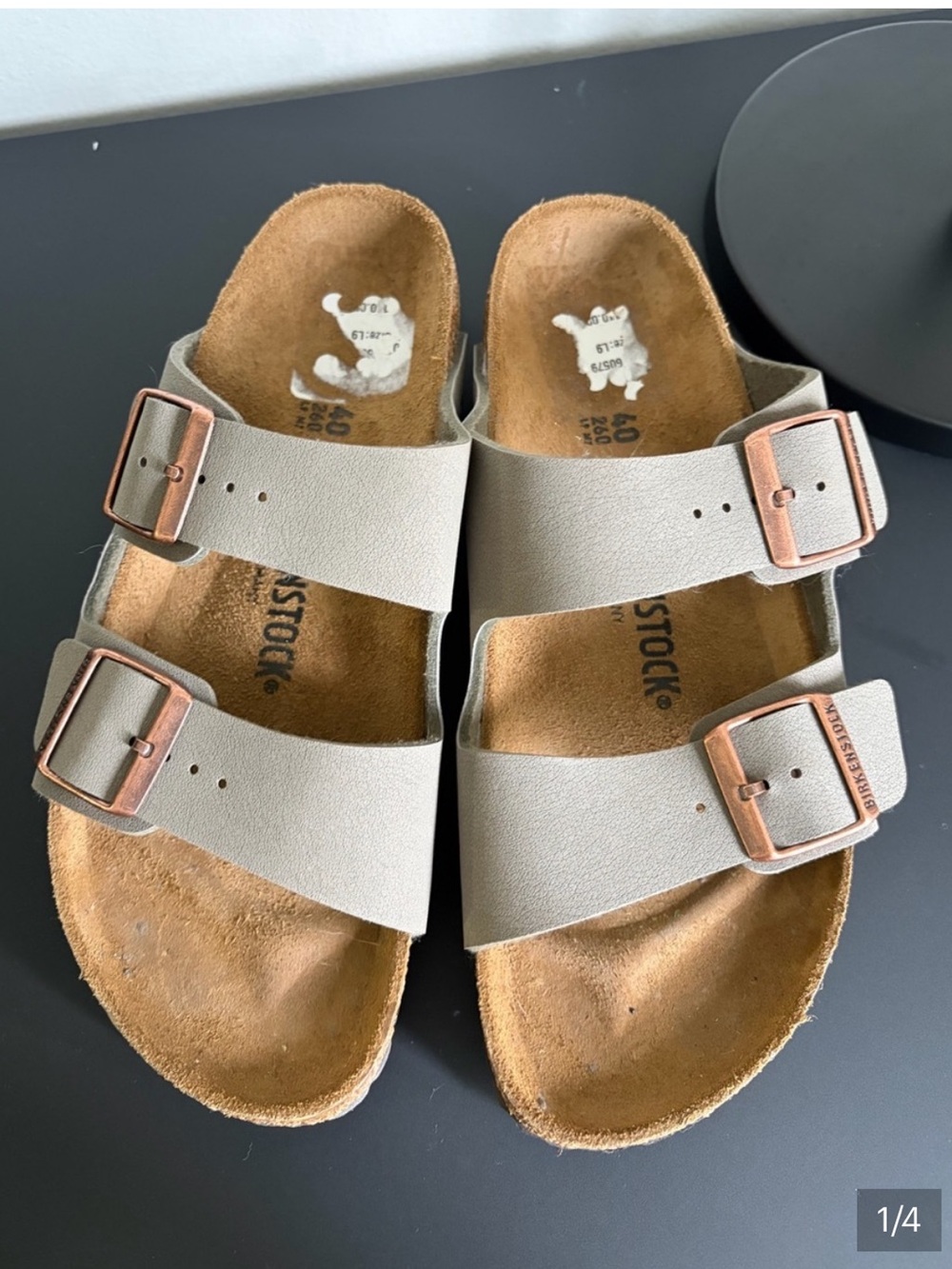Birkenstock Arizona Double-Strap Sandals in Taupe with Rose Gold Buckles